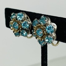 Barclay Earrings Signed Clip Blue Rhinestone Flower Screw Back Vintage Prong Set - £18.63 GBP