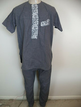 Men&#39;s Gray Handmade African Traditional Striped Kaftan Set. One Size - £54.27 GBP