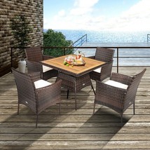 Dining Furniture Set 5PCS Patio Rattan with Arm Chair and Wooden Table Top - £373.88 GBP