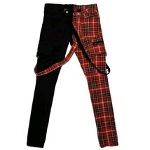 Hot Topic Stinger Jeans Red Plaid Black Split Leg Cargo Suspenders Mens 28x30 - £22.46 GBP