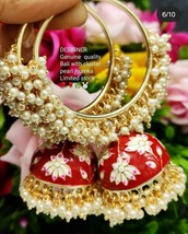 Indian Bollywood Pearl Enameled Red jhumkas Earrings Women Bridal Jewelry Set - £22.50 GBP
