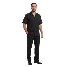 Men 2pc Walking Leisure Suit Short Sleeves DREAMS Plaid Satin 253-00 Black image 3