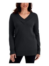 $47 Karen Scott Ribbed Cuffed Long Sleeve V Neck Sweater Black Size Small - £15.97 GBP