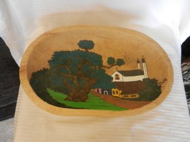 Wooden Folk Art Hand Carved Oval Fruit Bowl With Church and Tree Scene B... - $60.00