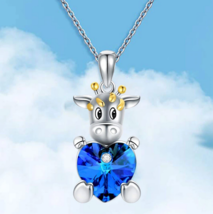 Silver Plated Cute Baby Calf Hugs Crystal Heart Pendant Necklace (Blue, Purple) - £7.84 GBP