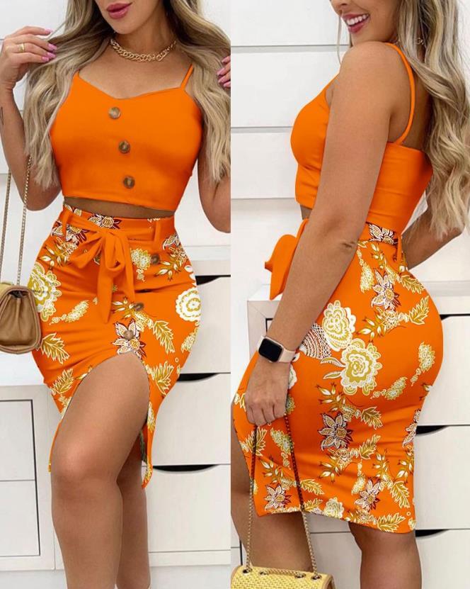 Spring Fashion Button Decor Sleeveless Crop Cami Top &amp; Casual Floral Pri... - $31.95