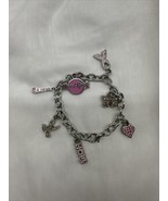 VTG Hard Rock Charm Bracelet Pink Enamel &amp; Rhinestones Ribbon Heart Butt... - $28.80 CAD