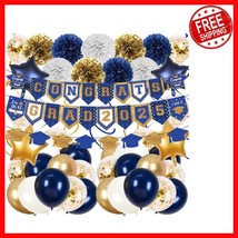 Complete Graduation Celebration Kit: Blue Gold Banners, Balloons &amp; Hangi... - $501.63 MXN