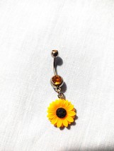 Realistic Sunflower Yellow and Brown Charm on 14g Golden Gem CZ Belly Ring - £4.81 GBP