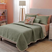 GREEN AND BEIGE ULTRA SLIM EMBROIDERY REVERSIBLE COMFORTER SET 5 PCS  QU... - $94.04