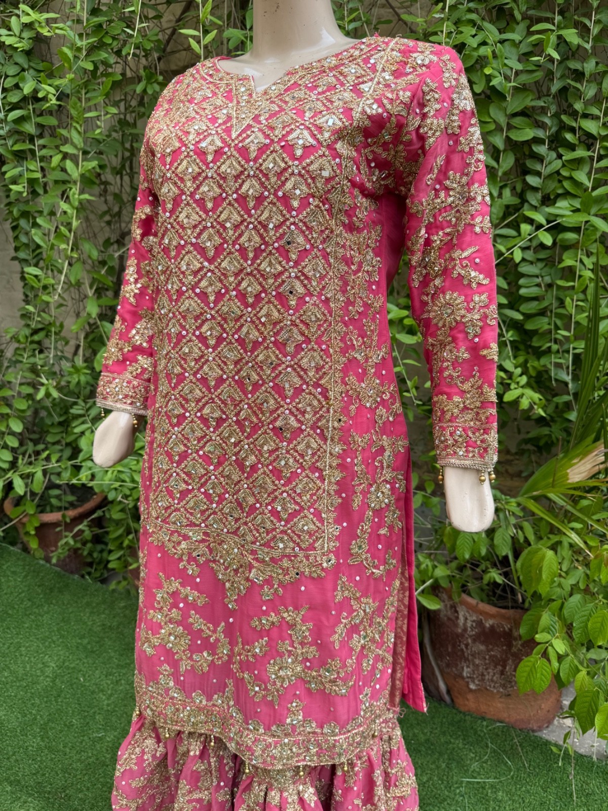 Pakistani Coral Pink Straight Style Embroidered Sequins Chiffon Gharara Dress,M Item image 9