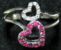 14KT White Gold Ruby &amp; Diamond Ladie&#39;s 2 Hearts Ring Sz 5.25 Girl&#39;s .46tcw 88 mk - $249.99