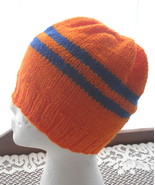 Hand Knitted Acrylic Yarn Beanie Hat - Orange and Navy - £17.22 GBP