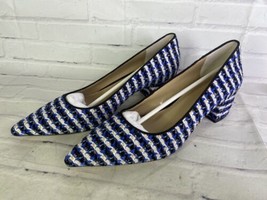 Ann Taylor Tweed Fabric Block Heel Pumps Shoes Blue Black White Womens S... - $62.37