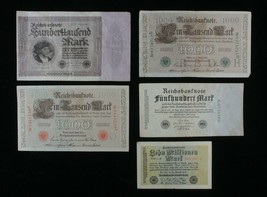 1910-1923 Alemania 5-Notes Juego Empire 1000 Marks &amp; Entre 500-10 Million Marks - £43.52 GBP
