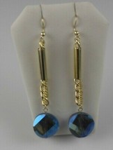 Blue Crystal Dangle Gold Tone Hook Earrings 3.25&quot; Long - $17.81