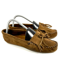 Minnetonka Suede Kilty Moccasins Sz 9 Women&#39;s Brown Leather Slip on Shoes - £17.64 GBP