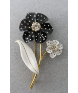 Vtg Metal Enamel Flower Brooch Polka Dot Rhinestone 4&quot; High Gold Tone Si... - $470.22 MXN