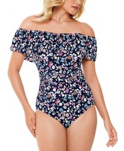 MSRP $99 Swim Solutions Off-The-Shoulder One-Piece Swimsuit Navy Blue Size 12 - £19.55 GBP