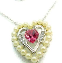 18&quot; Avon Vintage Necklace Silver Tone Double Simulated Pearls Pink Heart Estate - £15.81 GBP