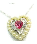 18&quot; Avon Vintage Necklace Silver Tone Double Simulated Pearls Pink Heart... - £15.75 GBP
