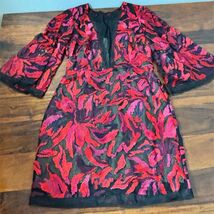 BCBGMAXAZRIA Yasmyn Red Pink Burnout Mesh Bell Sleeve V-Neck Mini Dress ... - $138.60