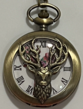 Retro Pocket Watch Elk Hollow Case Painted Face Quartz Analog  Chain New - £9.59 GBP