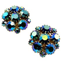 Vintage blue AB crystal prong clip on gold tone earrings - $37.39