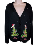 Christmas Cardigan *UGLY* Sweater Black Trees Beads Santa Hat Size M Man... - $475.53 MXN