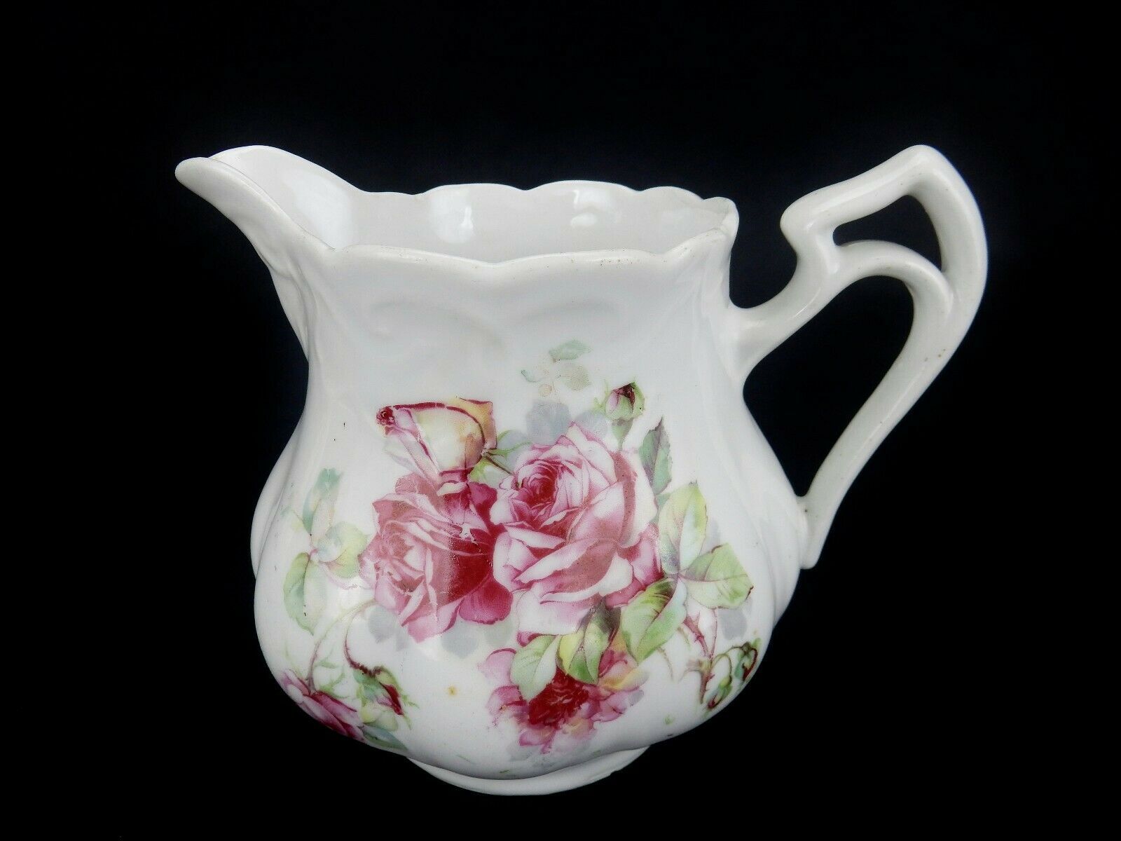 Primary image for Vintage Porcelain Pitcher w/ Rose Transfer Ware and Unique Double Loop Handle