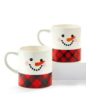 Christmas Smiling Snowman Mug Set of 2 with Sentiment 16 oz Size Ceramic Plaid image 1