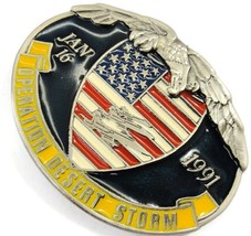 1991 Operation Desert Storm Belt Buckle #2413 Jan 16 Eagle American Flag Enamel - £23.34 GBP