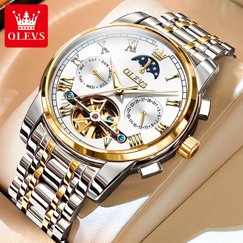 OLEVS 6617 Automatic Watch for Men Stainless Steel Skeleton Tourbillon Design Mo - £143.26 GBP