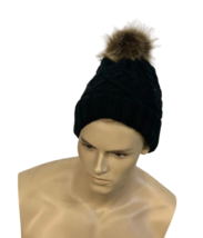 Handknit Cable Toque Adult Knitted Beanie with Fur Pom, Black, One Size - £9.48 GBP