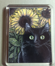 Cat Art Acrylic Large Magnet - Black Cat and Sunflowers - $8.00