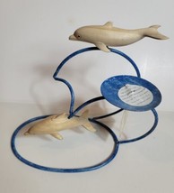 Dolphin Candle Holder Wooden Hand Carved Blue Asia Overland Balinese - £19.88 GBP