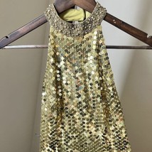 Cache Gold Sequin Dress Beaded High Neck Halter Embellished Open Back Si... - $148.49