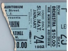 Violinist Yehudi Menuhin Ticket Stub January 24 1982 Trenton New Jersey - £19.75 GBP