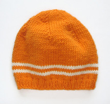 orange merino wool women beanie with cream white stripes, eco-friendly - £16.50 GBP+