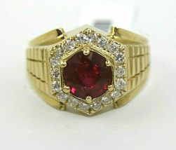 Round Red Ruby &amp; Diamond Halo Solitaire Men&#39;s Ring 14k Yellow Gold Over 2.93Ct - £98.07 GBP