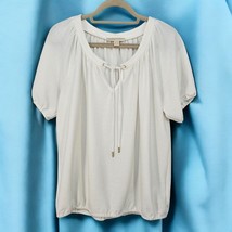 Michael Kors White Peasant Blouse Short Sleeve Tie Neck Textured Top Siz... - $15.88