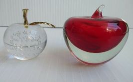 Apple Paperweight Red/ Clear & Clear/Brass New York Etched Solid Glass Set of 2 image 4