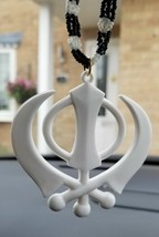 Acrylic White Punjabi Sikh Kaur Singh Khanda Pendant Car Rear Mirror Small Beads - £12.32 GBP