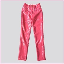 Bright Pink Tight Fit Faux Leather High Waist Front Zip Up Legging Pencil Pants image 3