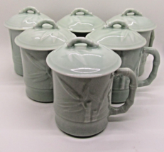 Set of 6 Antique Chinese Celadon Bamboo Lidded Tea Mugs  - $177.21