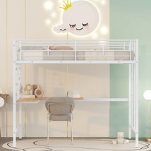 Twin Metal Loft Bed with Desk and Metal Grid,White - £226.13 GBP