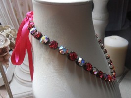 Swarovski Necklace / Valentines Gift for her / Crystal Choker / Pink Ribbon Neck - £68.25 GBP