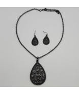 Black Rhinestone Teardrop Pendant Necklace w/ Matching Earrings - 16&quot; - £15.28 GBP