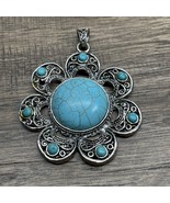 Vintage Silver Tone Faux Turquoise Flower Pendant Southwestern KG JD - $16.24 CAD
