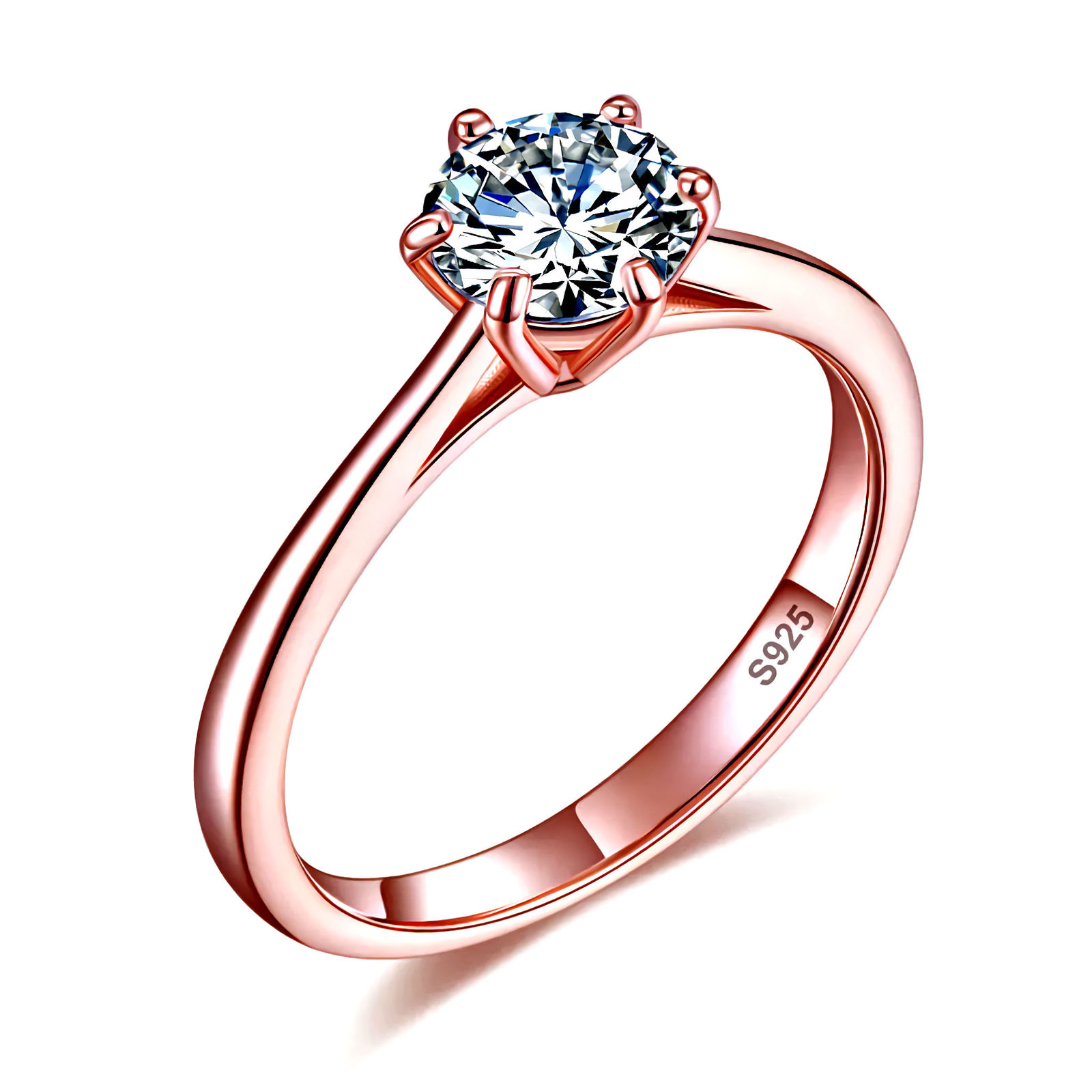 925 Sterling Silver Rose Gold Plated Solitaire Ring 6 Claws with 1 Carat Stone